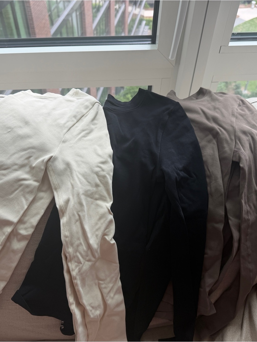Three Long Sleeve Ribbed Tops - Cream, Black, Taupe